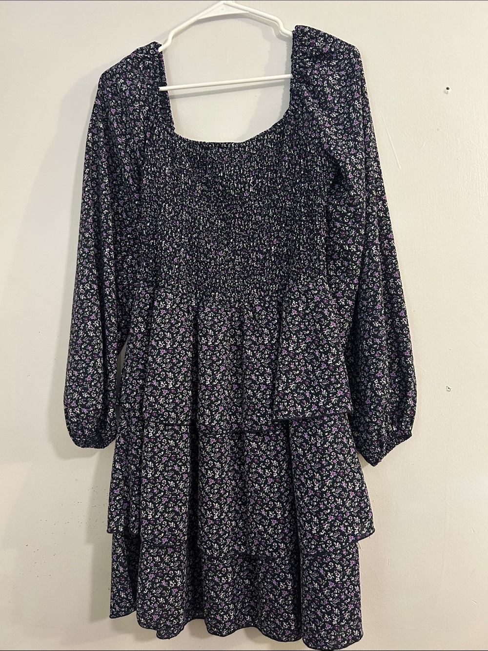 Smocked Black Floral Tiered Midi Dress with Long Puff Sleeves